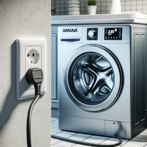 Modern Amana Washer with Power Cable in Laundry Room