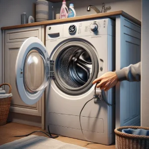 depicting someone unplugging a GE Top Load Washer